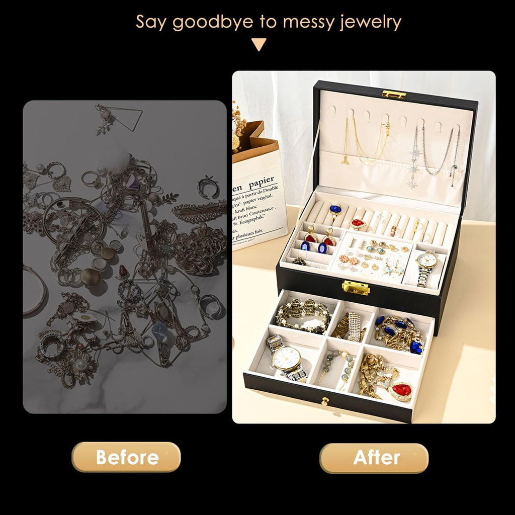 GUOER Jewelry Box for Women Girls, Two Layers Jewelry Organizer (Champagne)