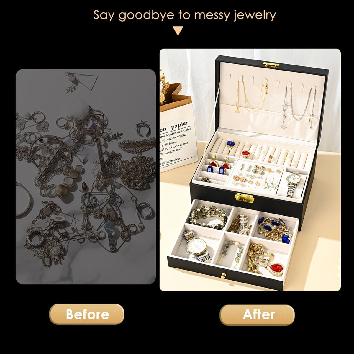 GUOER Jewelry Box for Women Girls, Two Layers Jewelry Organizer (Champagne)