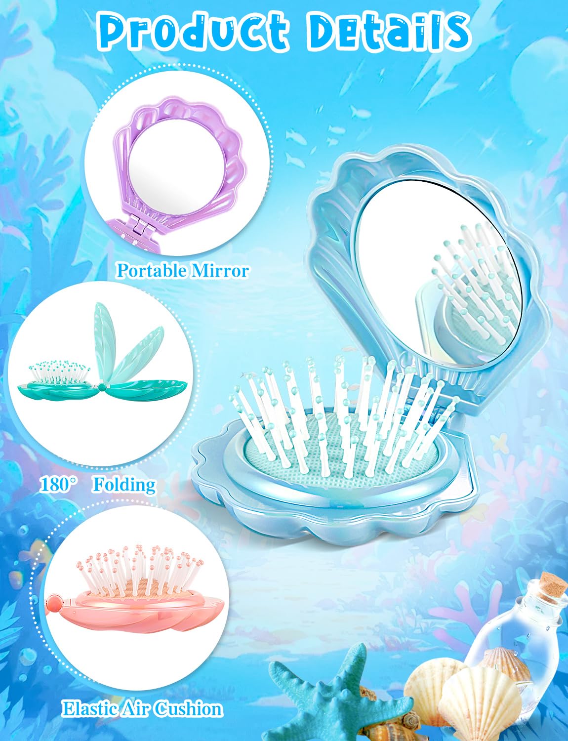 8 Pcs Foldable Travel Shell Hair Brush with Mirror