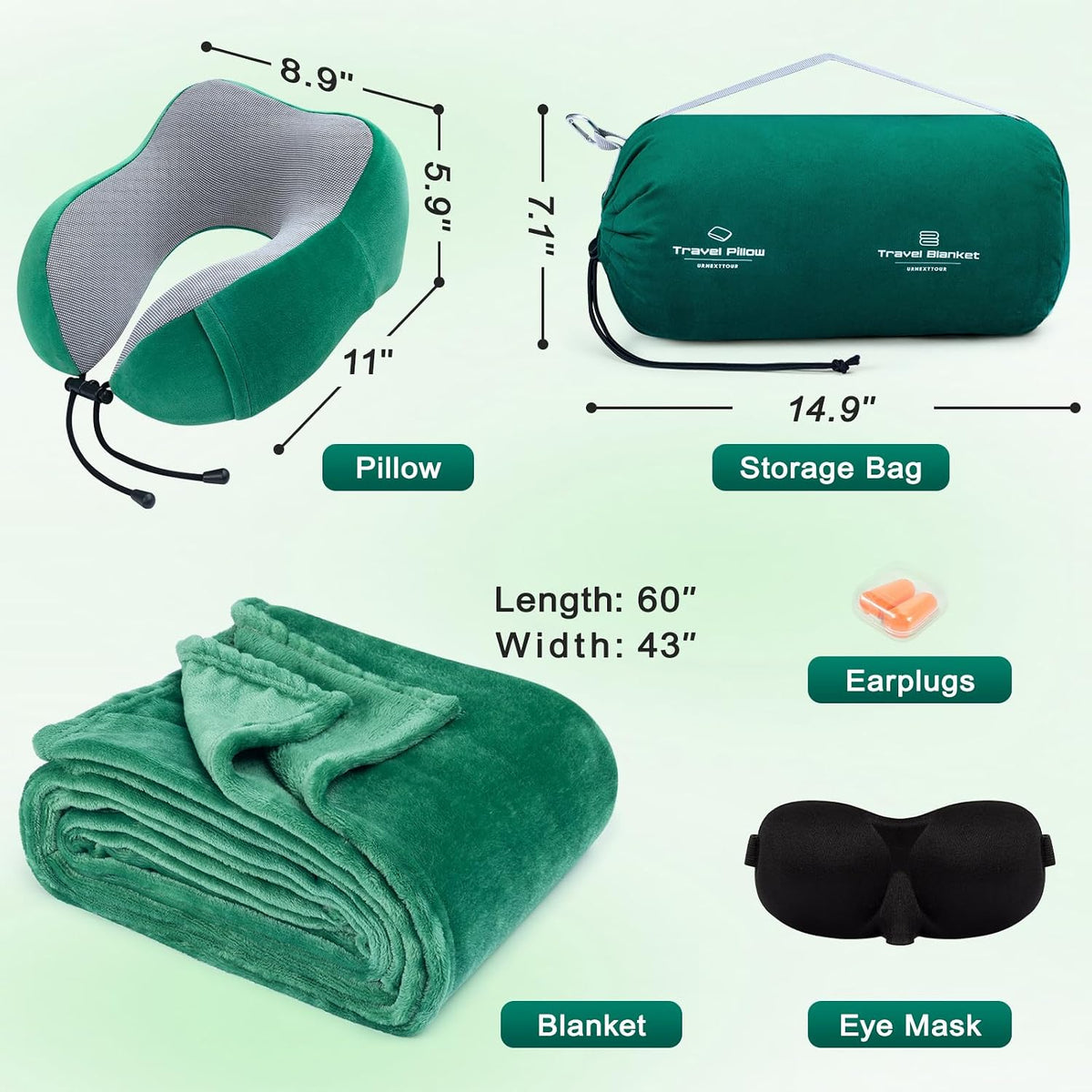 urnexttour Travel Pillow and Blanket Set Neck Pillow Airplane Foam Green
