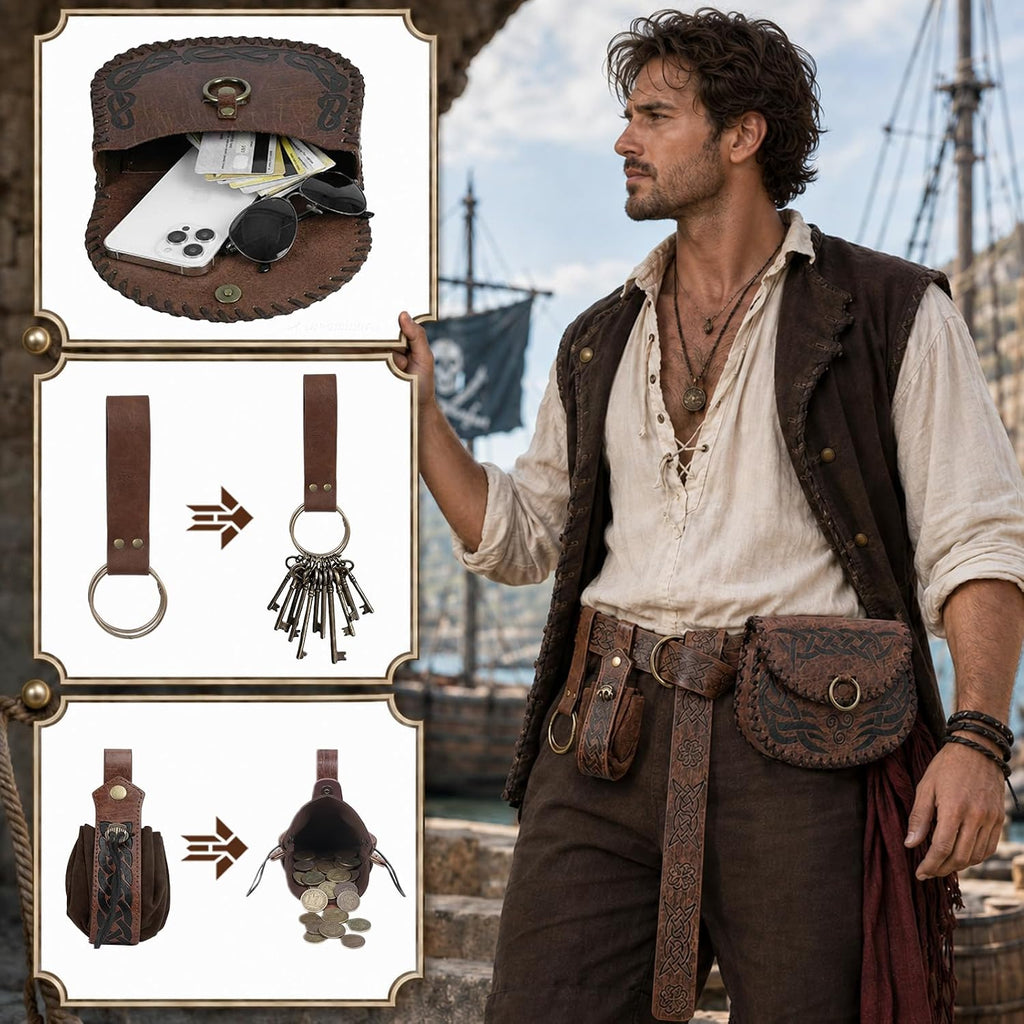 Viking Pirate Embossed Renaissance Belt Pouch Brown 4pcs