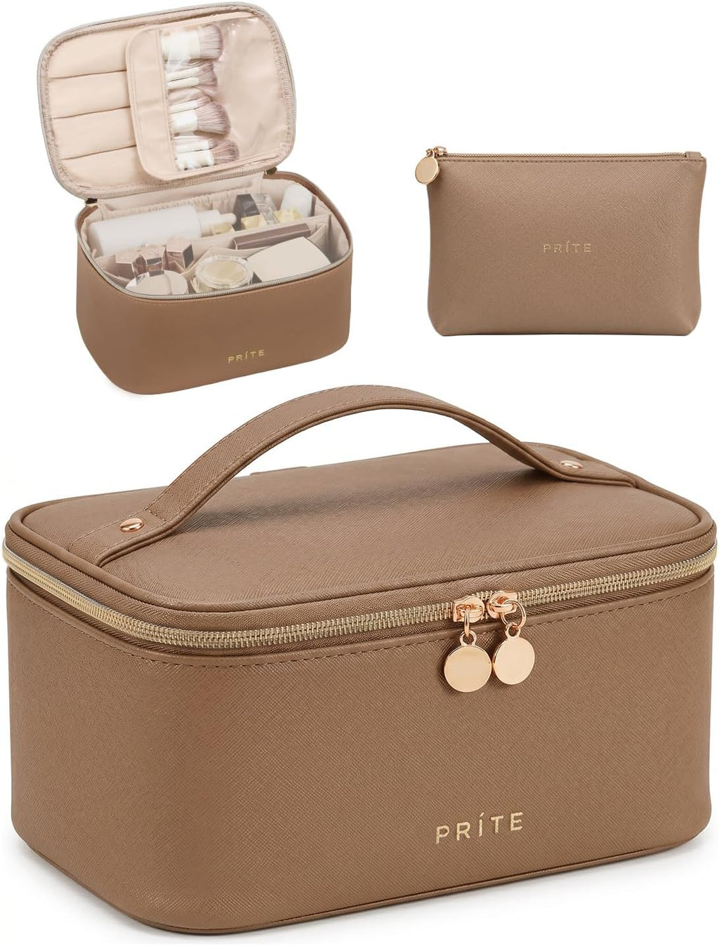 Prite Makeup Bag Travel Cosmetic Case, Toiletry Bag Organizer, Brown Set