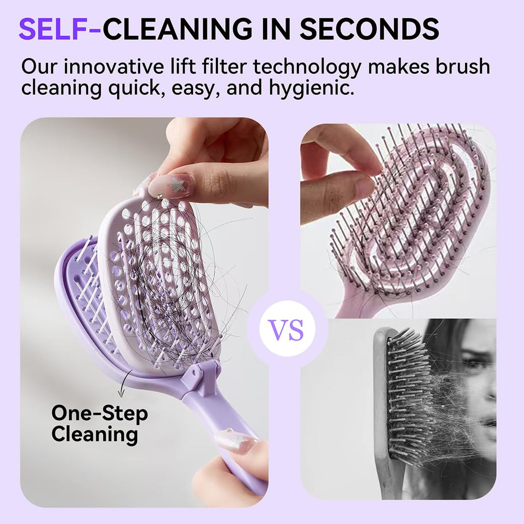 Self‑Cleaning Hair Brush, Curved Vented Detangler, Foldable Travel Purple