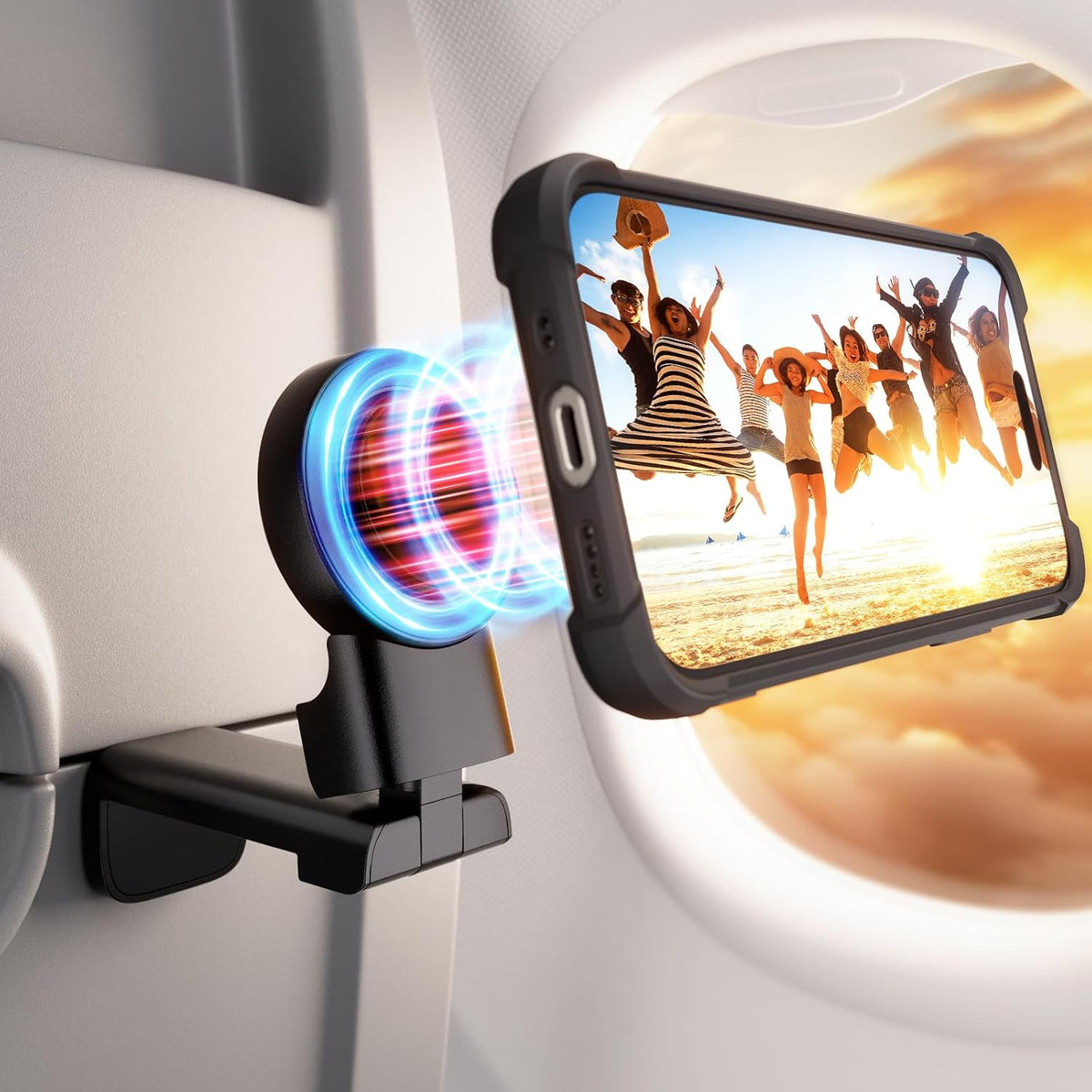 Klearlook 4 in 1 Adjustable Phone Stand - MagSafe Compatible, 360° Rotation Handsfree Flight Phone Holder, Foldable Travel/Office Accessory - Magnetic Black