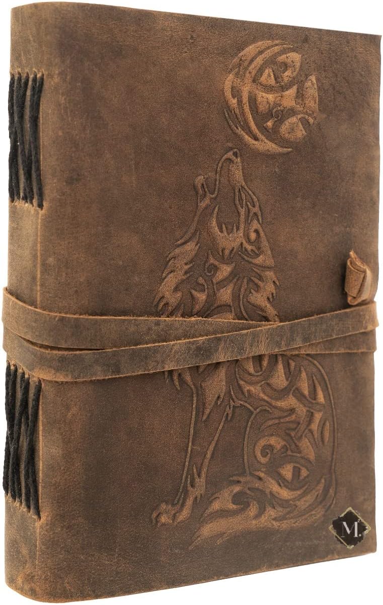 Wolf Vintage Leather Journal Sketch book For Men Women - 200 pages Notebook Diary Dnd Travel Bullet Wolves Antique Large Vintage Bound Writing Gift 5 x 7 inch Dark Brown