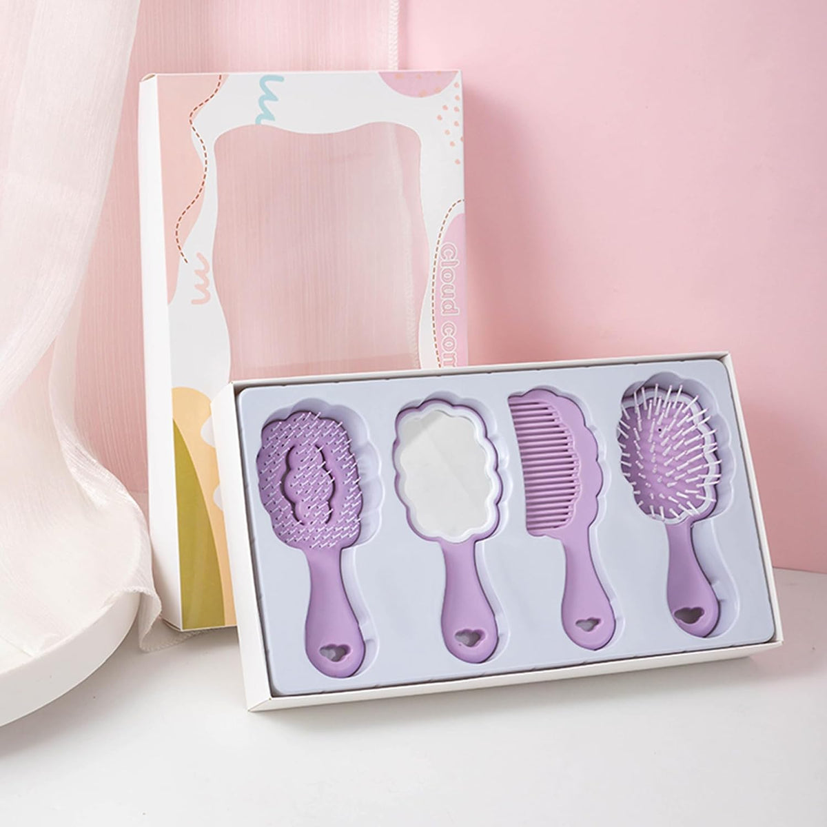 4 Pieces Mini Wet Hair Brush Hair Comb Set For Women Girls Kids Gift Small Cute Cloud shaped Hair Comb Hair Brush Handheld Mirror Set Travel Detangling Comb Massage HairBrush with Air Cushion (Purple)