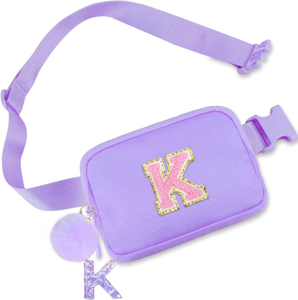 Belt Bag for Girls Birthday Gifts - Girls Fanny Pack Crossbody Bag Gifts for Teen Purse with Initia Keychain Necklace K