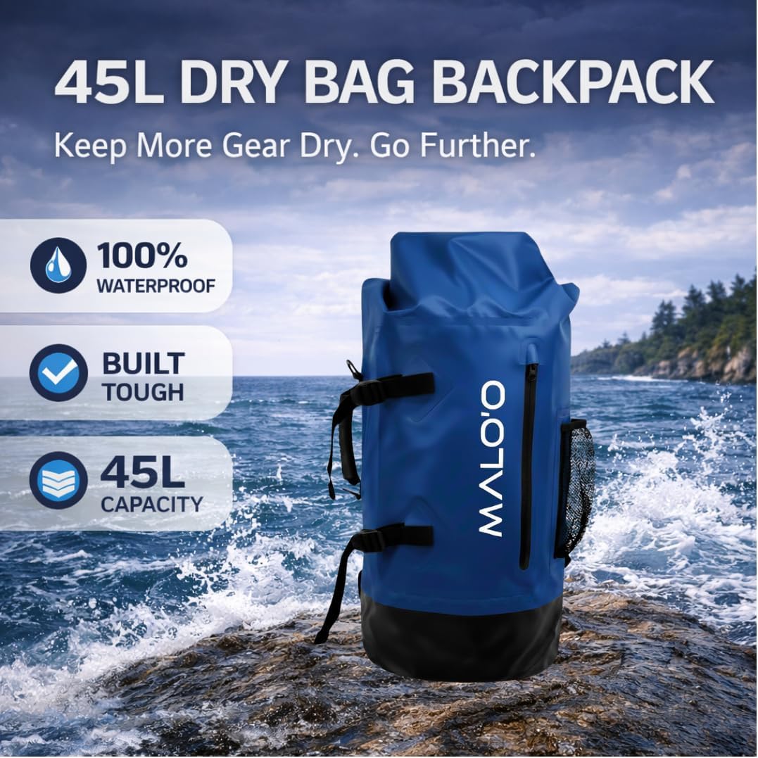Malo’o 45L Waterproof Dry Bag Backpack – Heavy Duty Roll Top Fishing & Beach Backpack, IPX6 Water Resistant Gear Bag for Kayaking, Camping, Surf, Travel & Outdoor Adventure