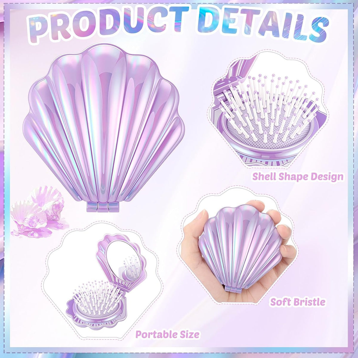 AceOrbit 6 Pcs Mermaid Party Favors Foldable Shell Hair Brush with Mirror Mini Travel Pocket Compact Hair Brush Makeup Comb for Women Girls Birthday Party Gifts(Purple)