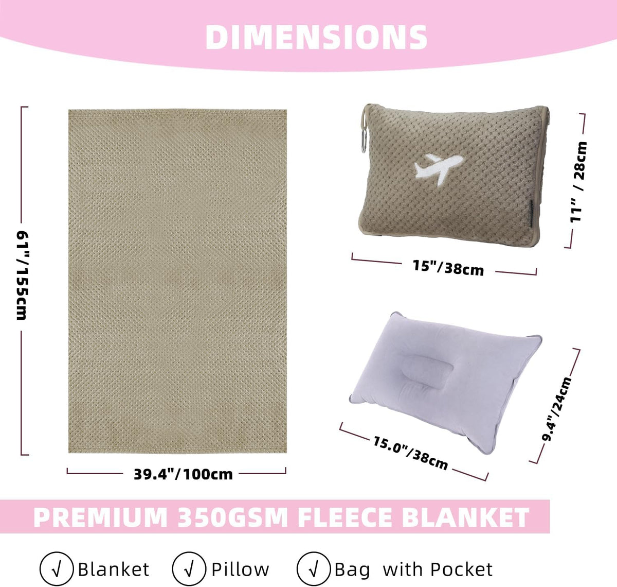 3 in 1 Travel Blanket Pillow Set - 350 GSM Thick Travel Blanket Airplane Compact with Bag, Soft Bag with a Pocket, Inflatable Travel Pillow for Camping & Car Trip (Light Coffee)