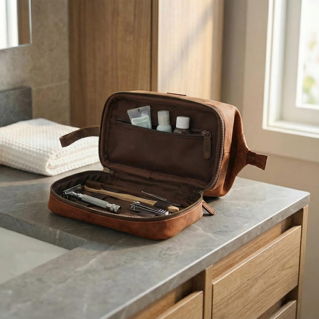 LEATHER VILLAGE Leather Toiletry Bag for Men, Travel Dopp Kit Shaving Bag