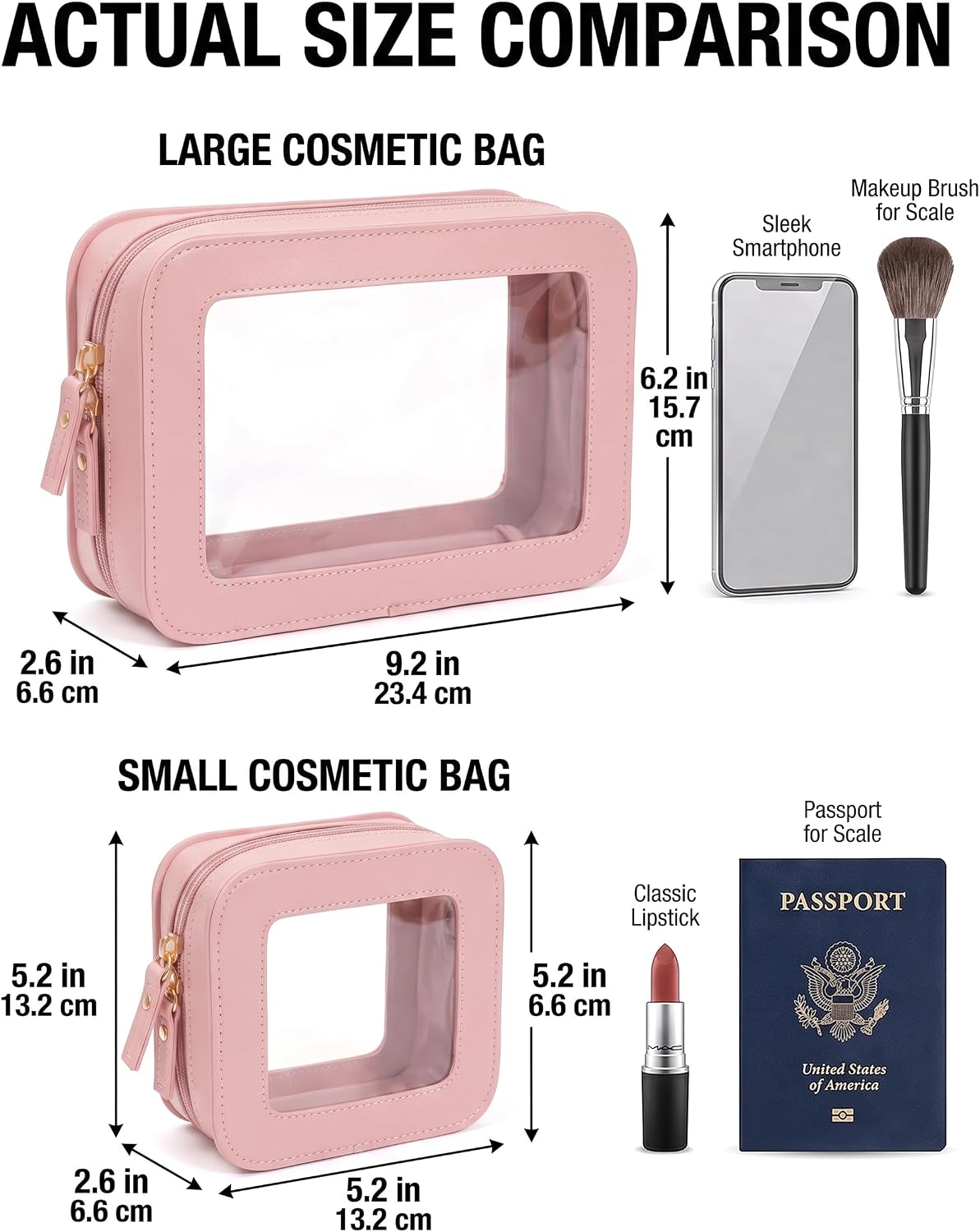 LETGO Makeup Bag Set of 2,Travel Toiletry Bag for Women, Small Cosmetic Bags Cute PVC Makeup Pouch for Purse Emergency Bag Car Accessory Bag for Girls (2Pack-Standard&Square, Light Pink)