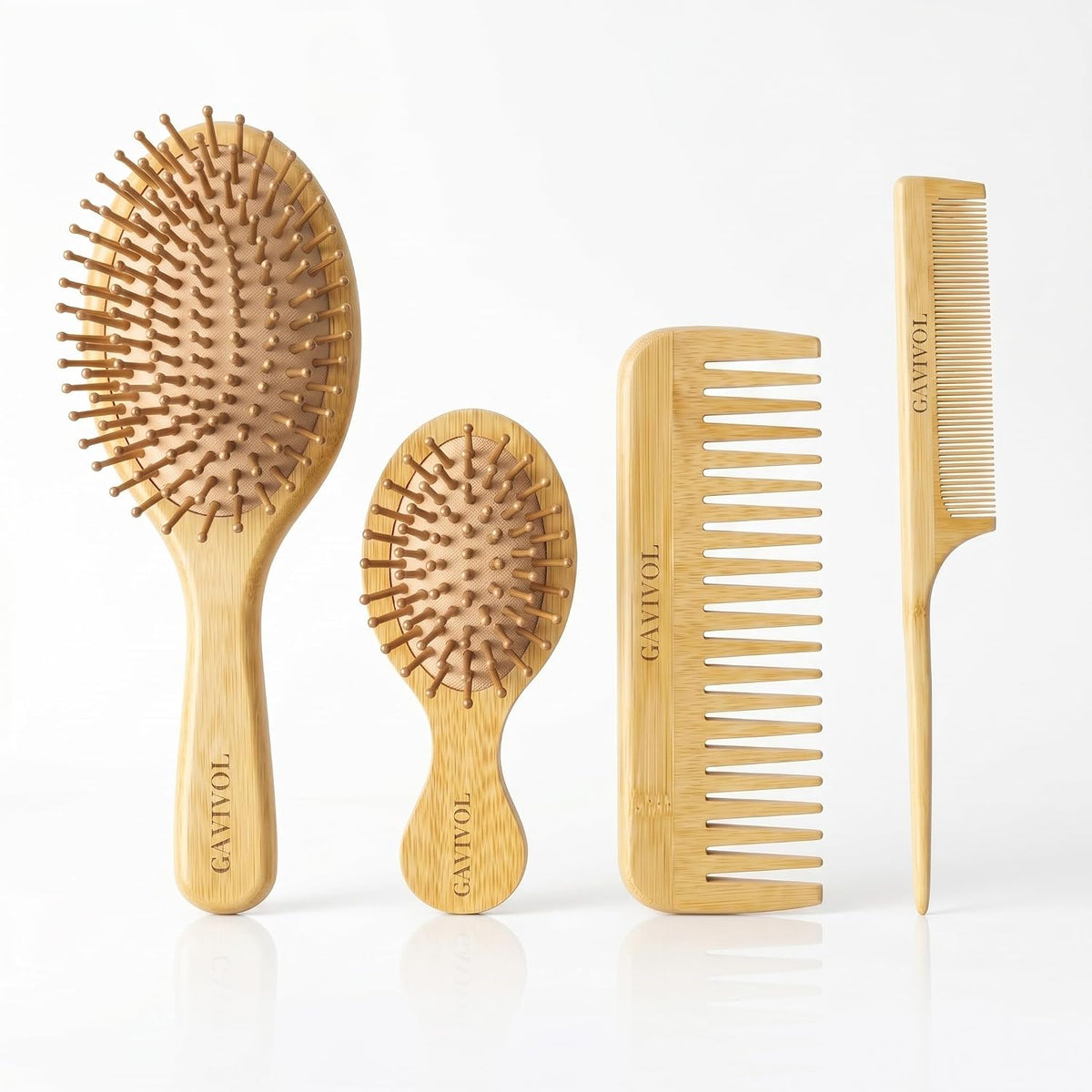 Bamboo Hair Brush 4 Piece Set,Large & Small Full Bamboo Cushion Massage Brush,Fine Tooth Tail Comb & Wide Tooth Comb,Paddle Detangling Brush for Dry, Curly and Wet Hair,for Women Men and Kids