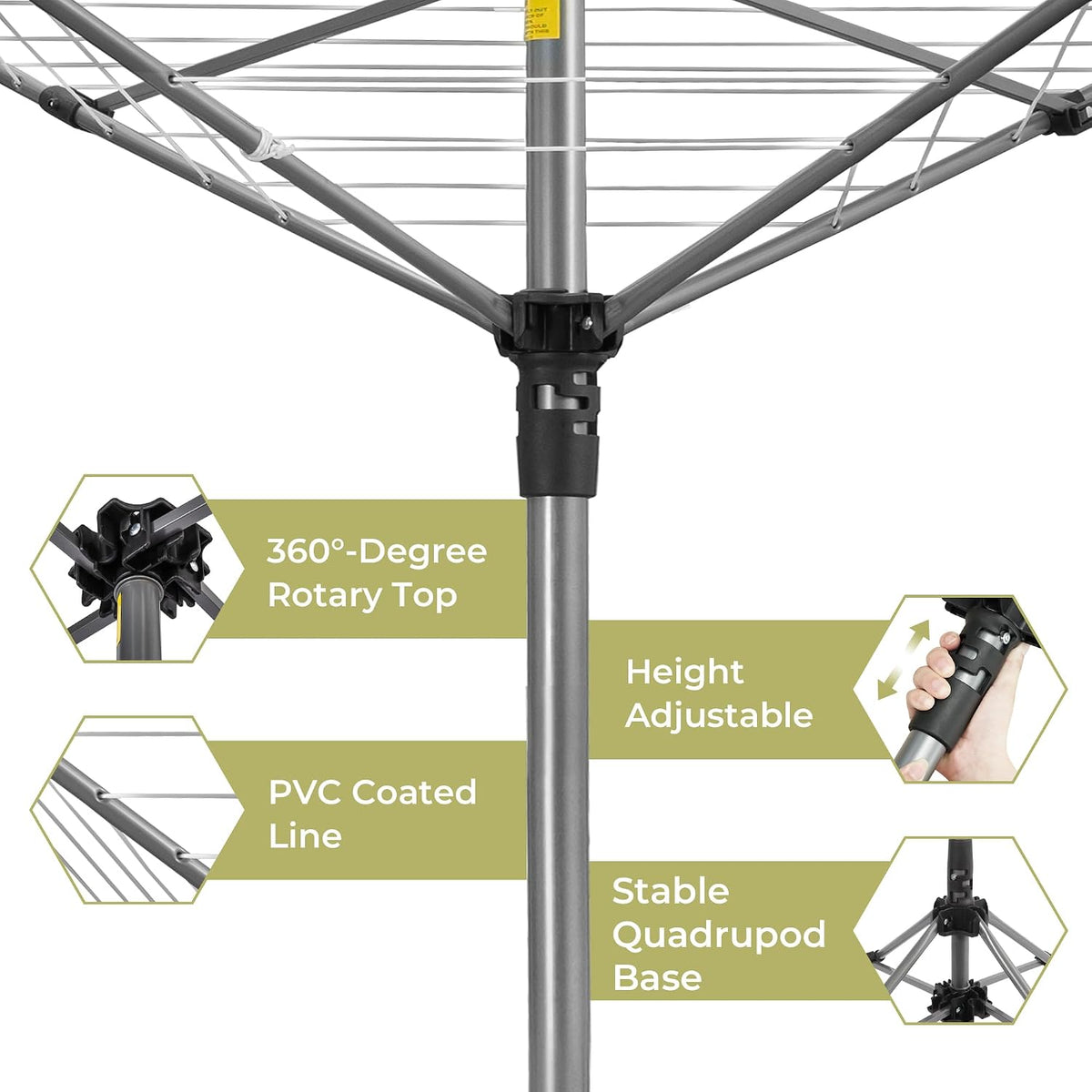 EASI 82 Ft Rotary Clothes Drying Rack with Stable Metal Base, Heavy Duty Stainless Steel Umbrella Clothesline, 360° Rotating Top & Height Adjustable Folding Laundry Rack for Backyard, Camping, RV