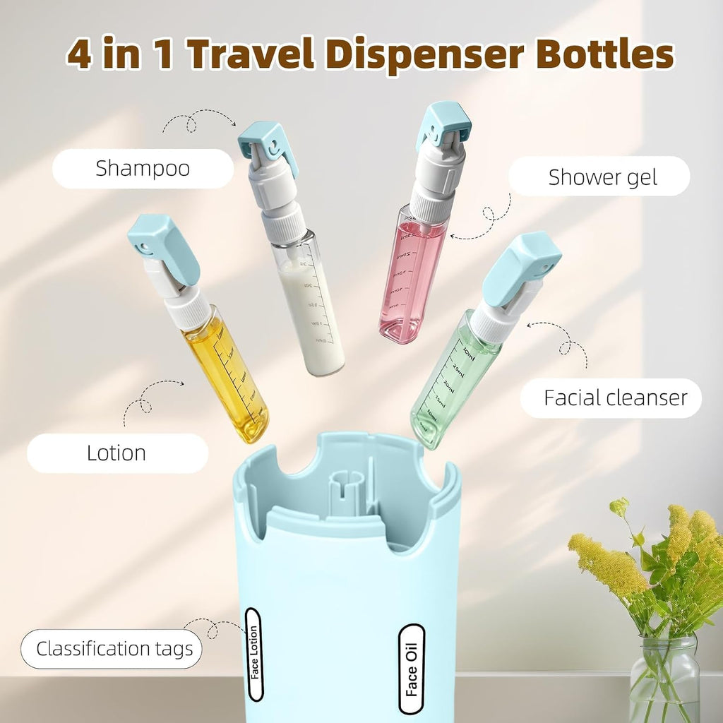 4 in 1 Travel Dispenser Bottle, Leakproof Travel Size Toiletries Holder, Refillable Portable Containers for Shampoo Lotion Conditioner Cream Transparent with Label (Blue)