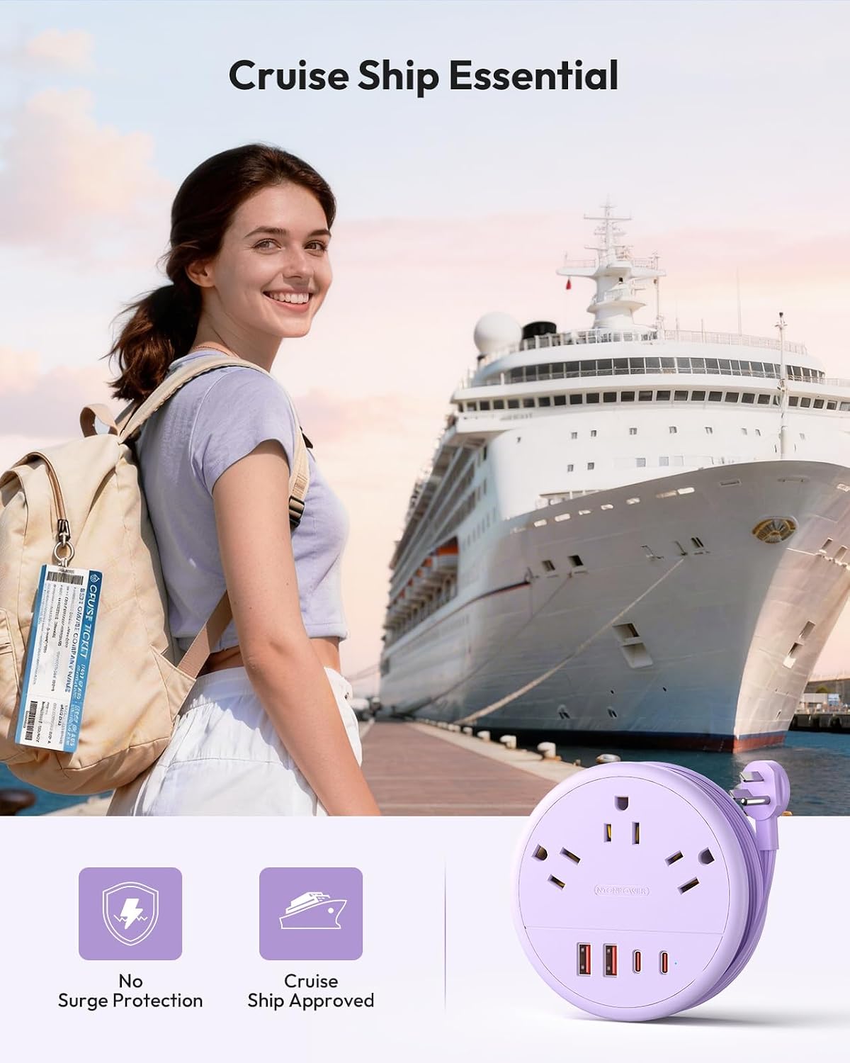 NTONPOWER Purple Travel Power Strip 20W, Travel Essentials, Cruise Essentials 2026 3 Outlets 4 USB Ports(2 USB C), 4FT Wrapped Around Extension Cord for Travel Cruise Ship Beach Vacation Essentials
