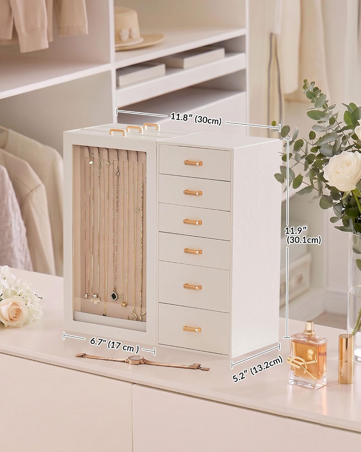 Lolalet Large Jewelry Box Organizer for Women, PU Leather Jewelry Case with Necklace Holder & Multiple Drawers, Tabletop Dresser Storage for Earrings Rings Chains, Gift for Girls -L, Beige