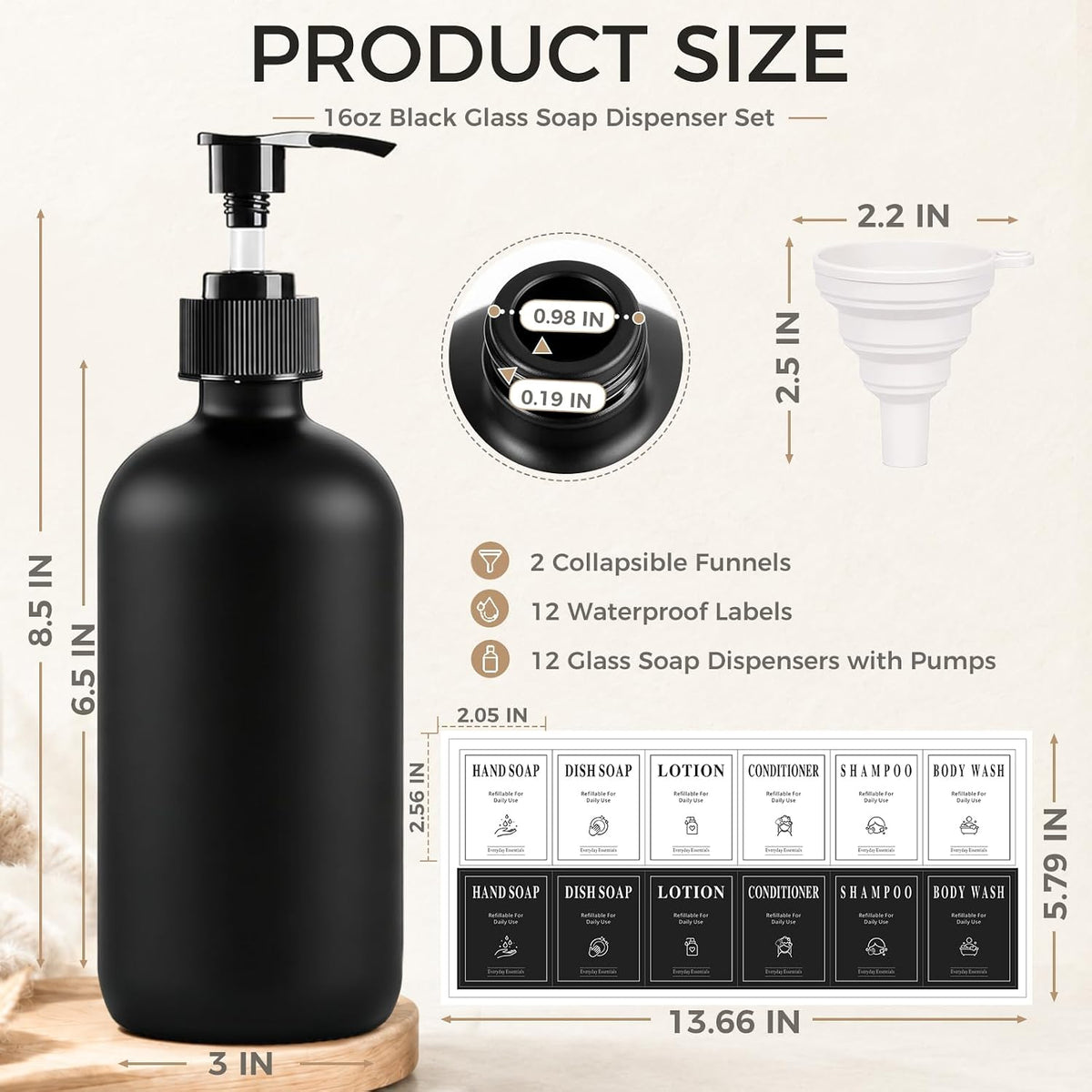 TBWIND 12 Pack 16oz Black Glass Soap Dispensers with Pump
