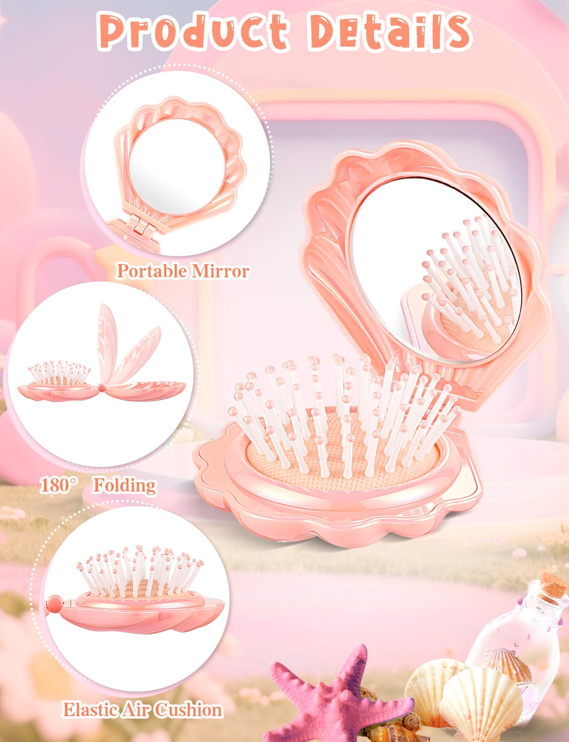 8 Pcs Foldable Travel Shell Hair Brush with Mirror