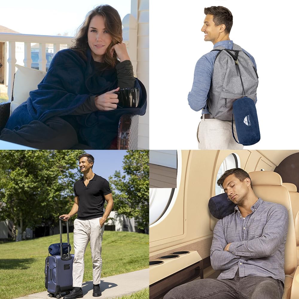 BlueHills Rolled Travel Blanket Pillows for Two Value Pack Set of 2 – Airplane Travel Essentials Soft Flight Trips Throws in Portable Cases for Car Plane Travel Gifts - Beige and Navy Blue
