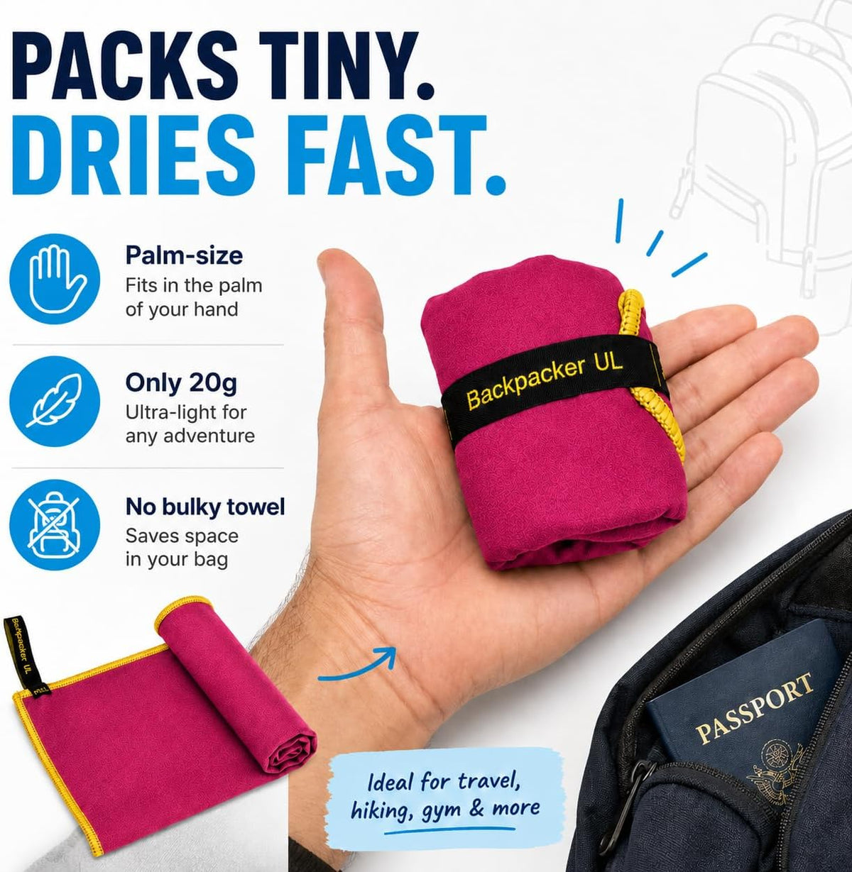 Backpacking Ultralight Quick Dry Microfiber Soft Fast Drying Hand and Face Towel Wash Cloth Camping Yoga Hiking Active Lifestyle Small (Magenta, Small)