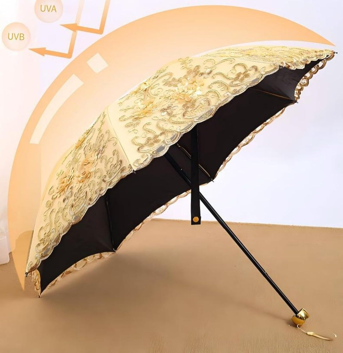 Foldable Lace Sun Parasol UPF 50+ UV Protection Flower Embroidery Vintage Umbrella