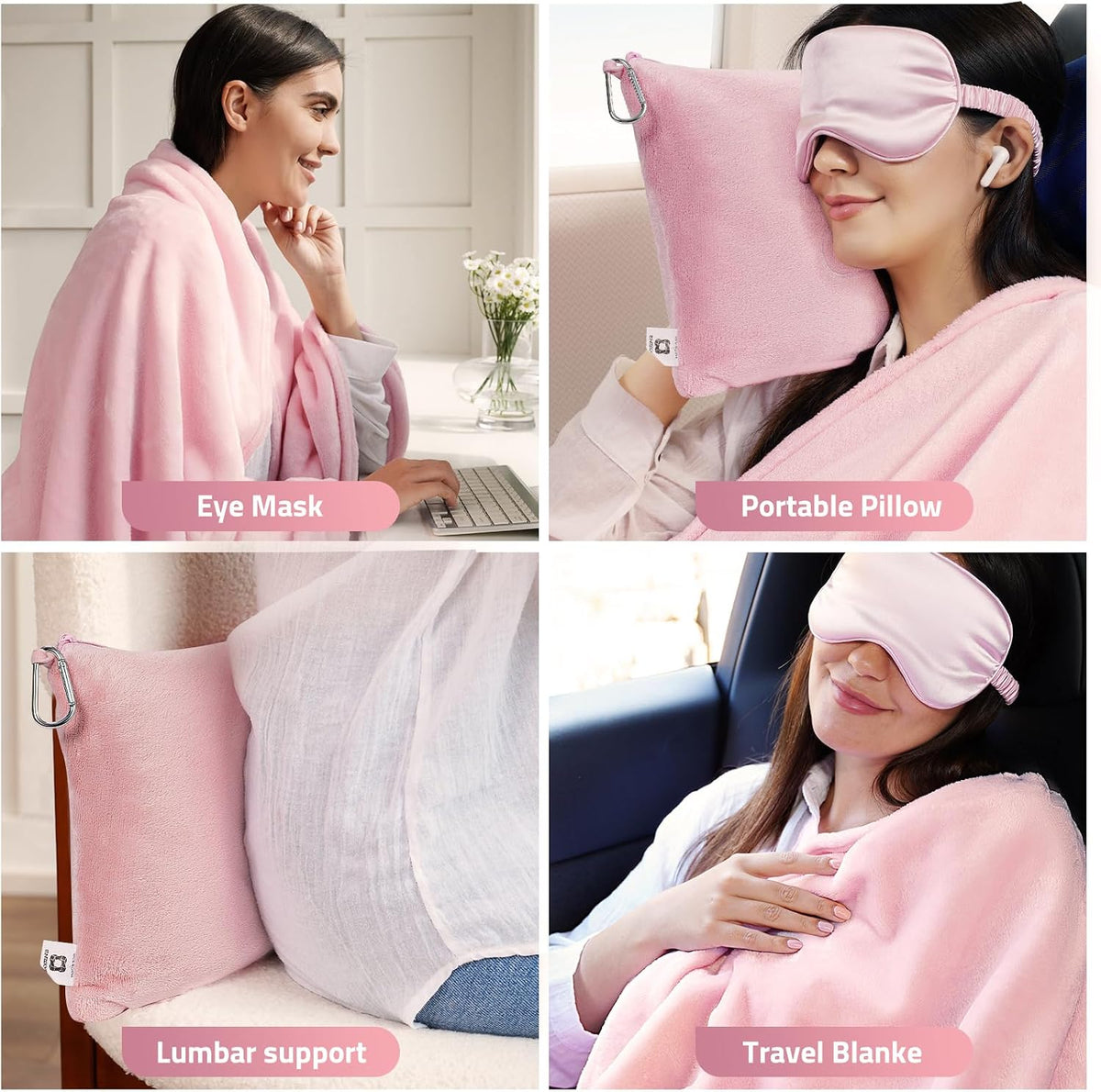 Travel Blanket Pillow,Airplane Blanket Compact with Bag Eye Mask, Ultra-Soft,Warm & Lightweight Included,Travel Essentials for Women & Men, Luggage Sleeve & Backpack Clip 65x40 in, Pink