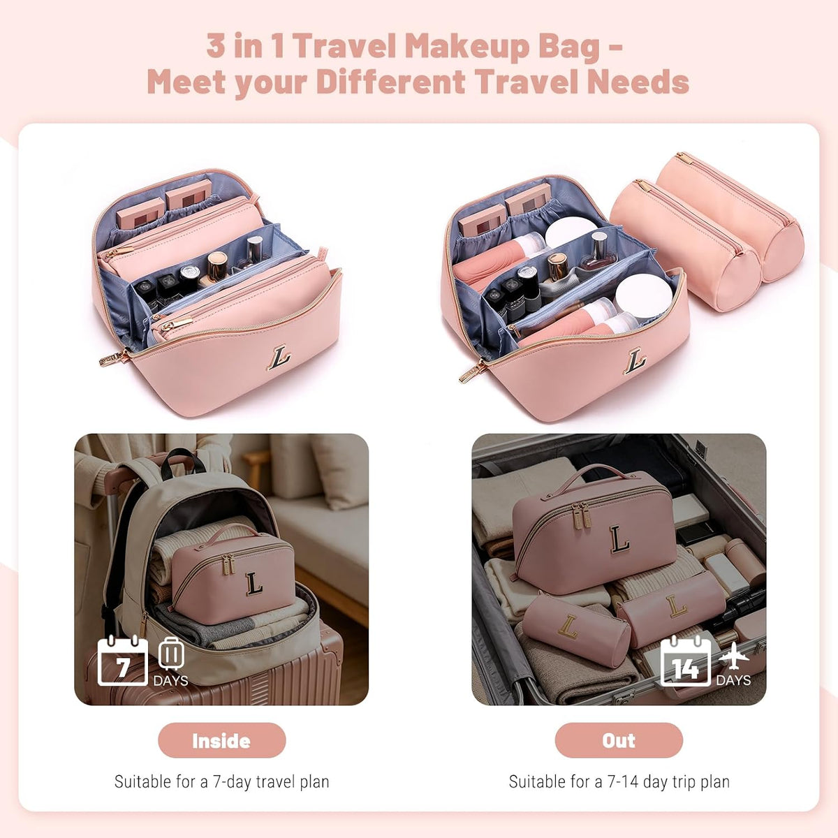 BOYATU Makeup Bag Gift for Women: 3-in-1 Travel Personalized Cosmetic Bag