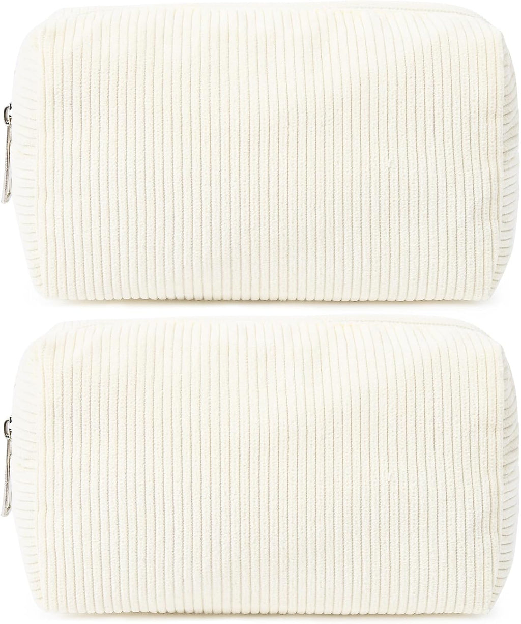 SOIDRAM 2 Pack Corduroy Makeup Bag for Women, Beige Makeup Pouch Small Cosmetic Bag Travel Toiletry Organizer for Skincare, Brushes & Essentials