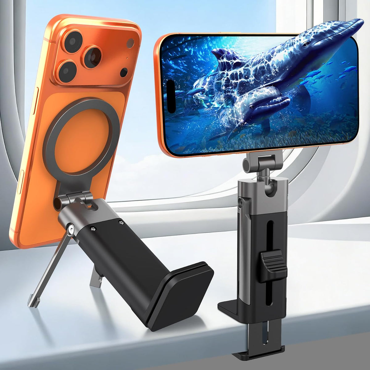 Travel Phone Holder for Airplane, 2-in-1 Clip & Magnetic Tripod Mount