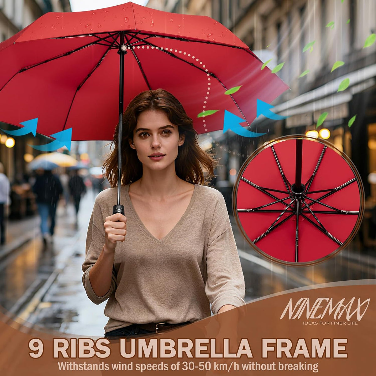 NINEMAX Windproof Travel Folding Umbrella for Men Women, Portable Compact Umbrellas Automatic Open and Close for Rain