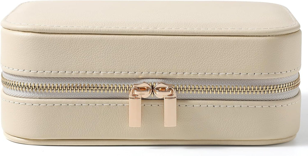 Genuine Leather Travel Jewelry Organizer Case with Mirror for Women, Small Mini Portable Jewelry Box for Ring Earrings Necklace Bracelet Luxury Gift for Women（Beige）