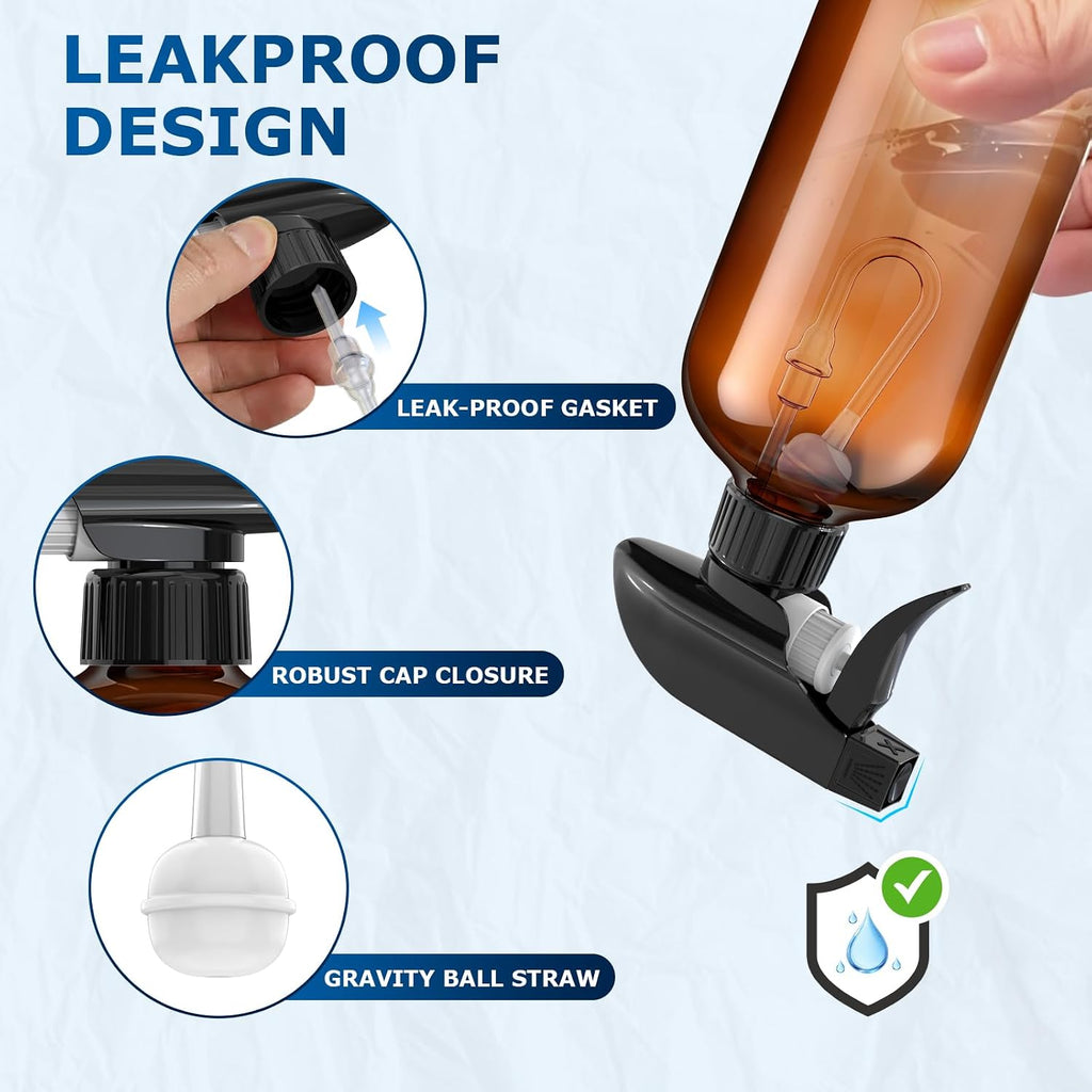 Veco 10oz Spray Bottle with Adjustable Nozzle, 360° Water Spray Bottles for Cleaning Solution, Plastic Spray Bottles for Hair Cooking Plant Pet, No Leak and Clog (3 Pack & Foldable Funnel), Brown