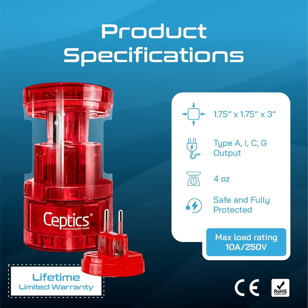 Ceptics International Power Adapter, Type A, C, G & I Plugs, Compact, Red