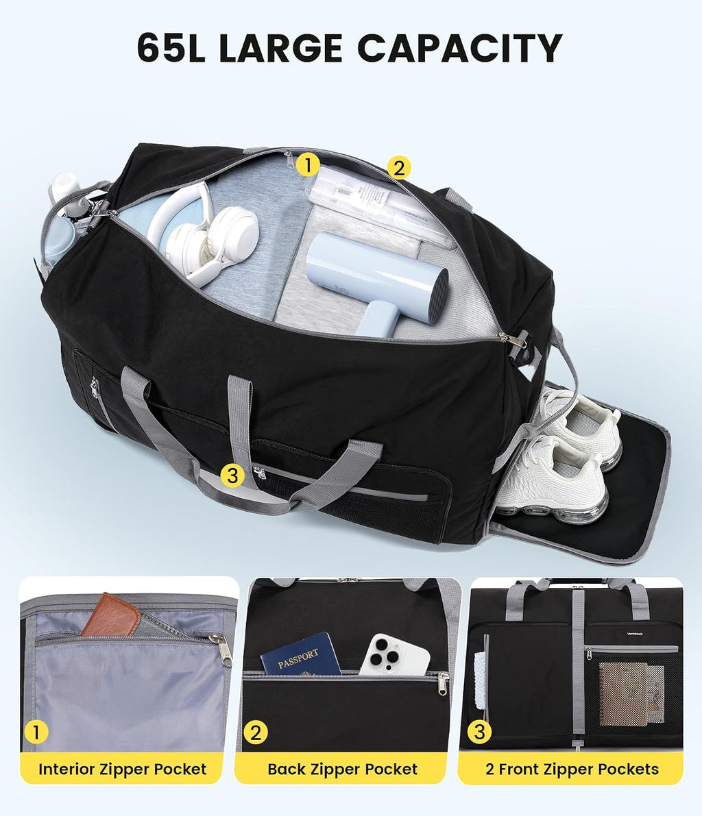 Vorspack 65L Foldable Duffle Bag for Travel with Shoe Compartment, Black