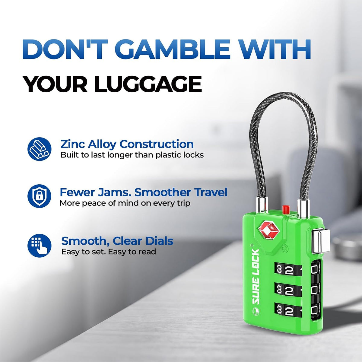 SURE LOCK TSA Approved Luggage Locks with Open Alert Indicator, 3 Digit Combination Cable Travel Lock for Suitcase, Backpack, Gym Locker, Toolbox & Travel Bag（Green 2 Pack