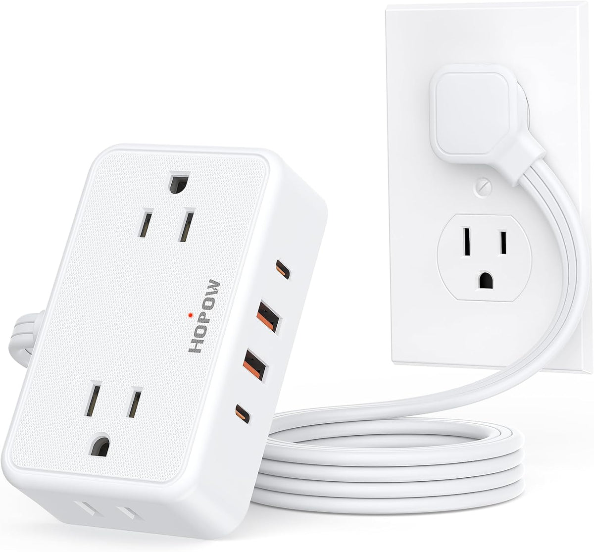 HOPOW Flat Plug Extension Cord, 4AC&2A2C, 3 FT Power Strip for Travel