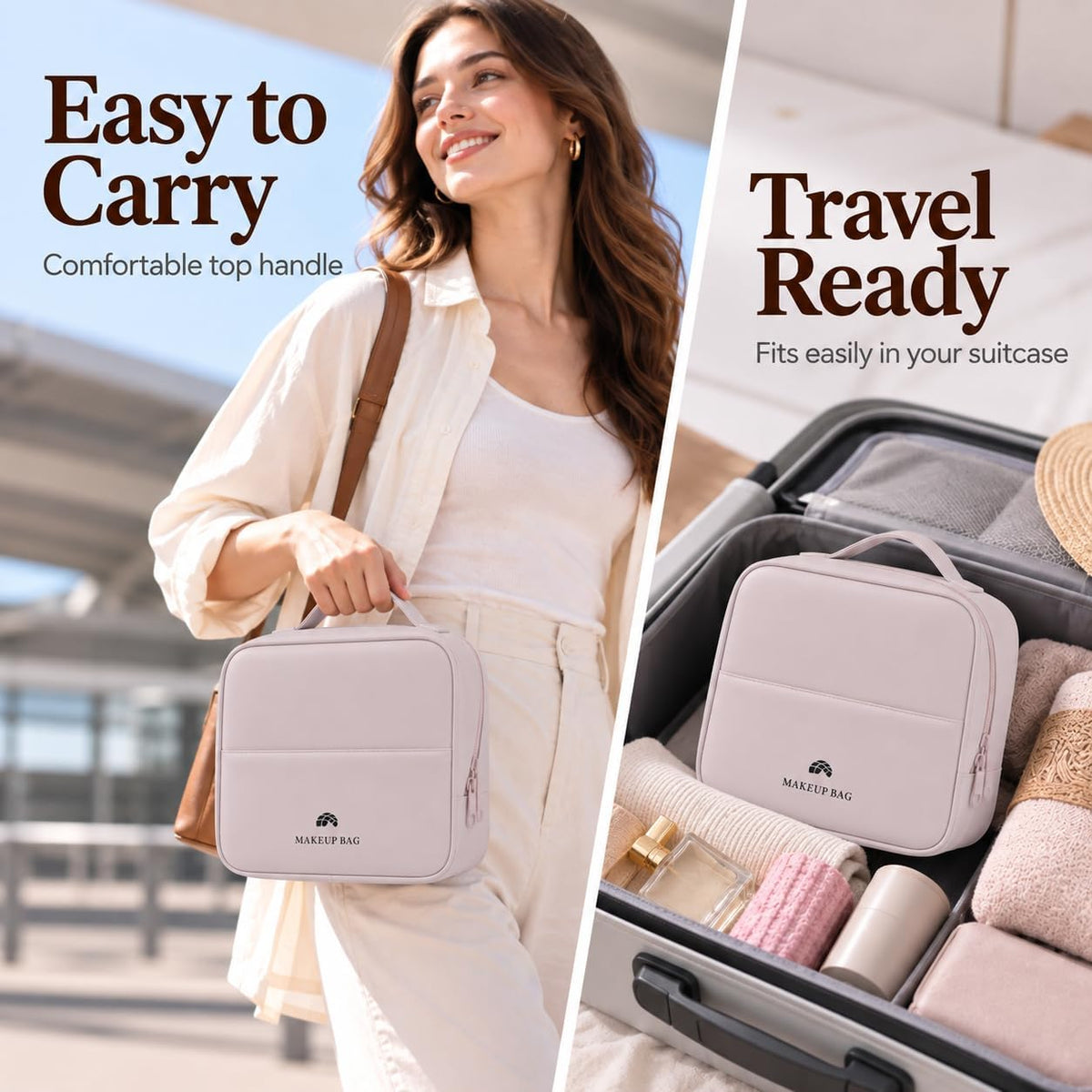 Travel Makeup Bag with Magnetic Fold-Down Flap, Large, Dusty Pink