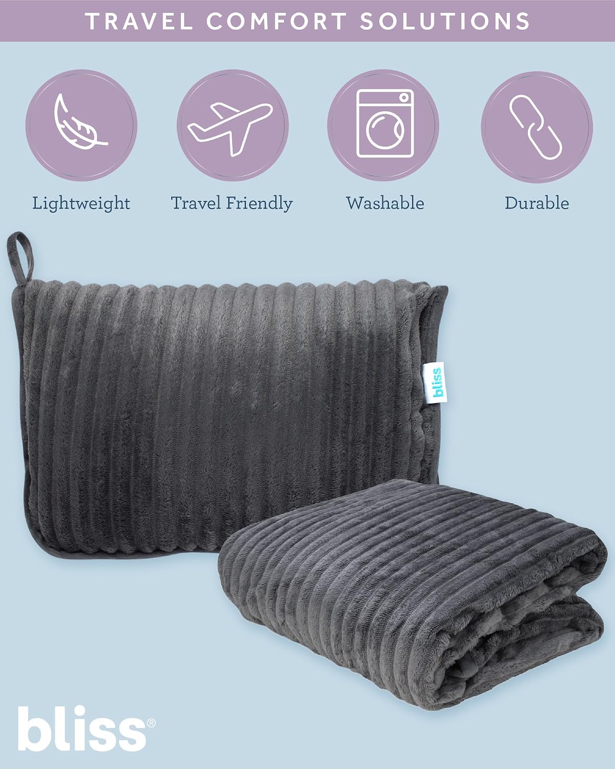 Bliss Faille Travel Pillow & Blanket Set, 2-in-1, Compact