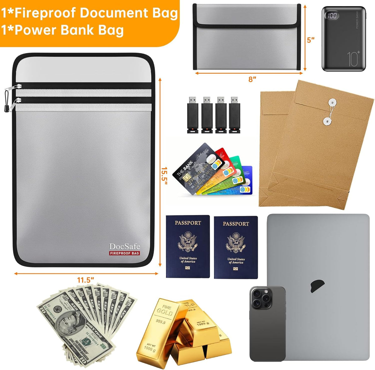 DocSafe Fireproof Document Bag (5200℉) with Fireproof Organizer Travel Case,Heat Insulated Fire＆Water Resistant 8 Layers Safe Money Bag Storage for Important Documents,Cash,Power Bank,Valuables,Gray