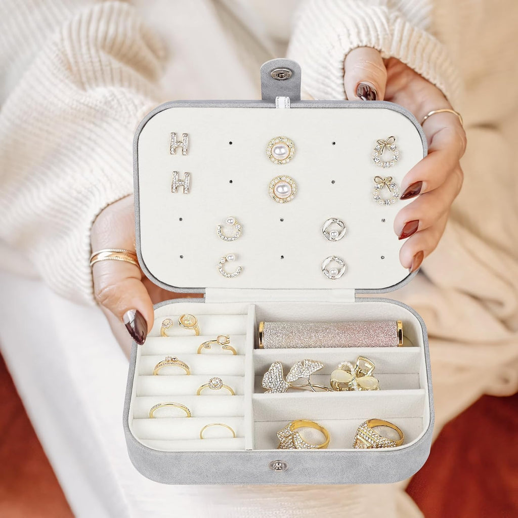 Travel Jewelry Box,Small Jewelry Organizer Boxes for Women Girls, 2 Layer Travel Jewlery Case, PU Leather Mini Portable Jewerly Storage Display Holder for Earrings, Ring,Necklaces, Bracelets - Grey