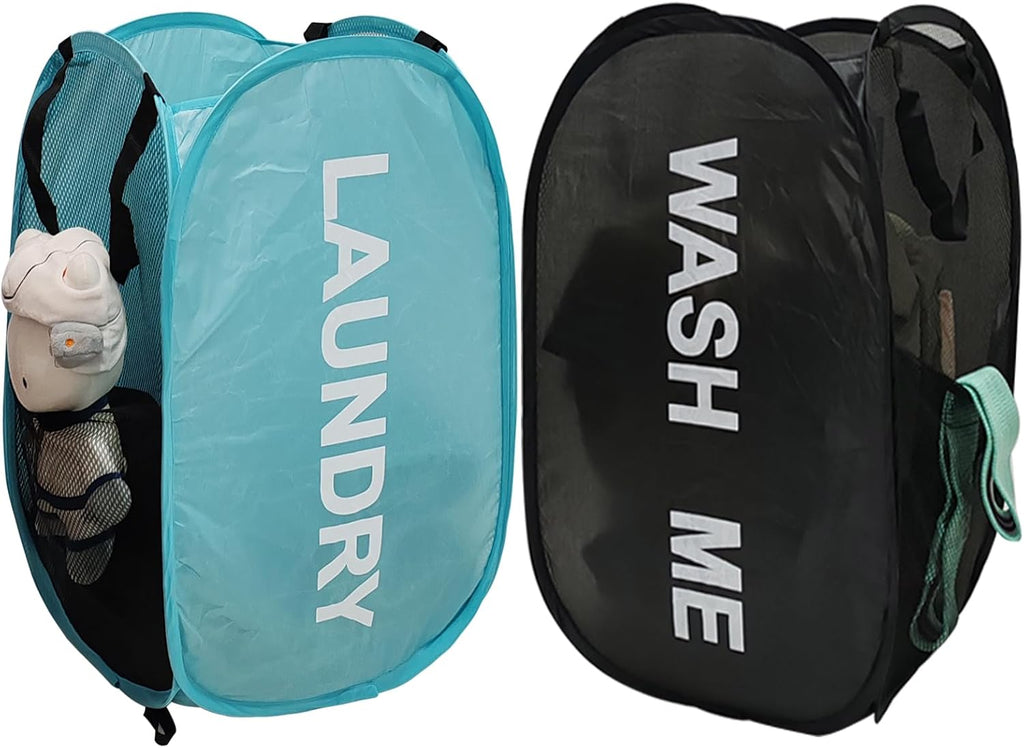 2Pack Mesh Pop Up Laundry Hamper, Foldable Laundry Basket with Side Pocket for Bedroom, Laundry Room, Travel, Cruise (Black+Blue)