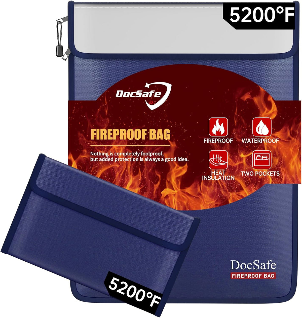 DocSafe Fireproof Document Bag (5200℉) with Fireproof Organizer Travel Case,Heat Insulated Fire＆Water Resistant 8 Layers Safe Money Bag Storage for Important Documents,Cash,Power Bank,Valuables,Blue