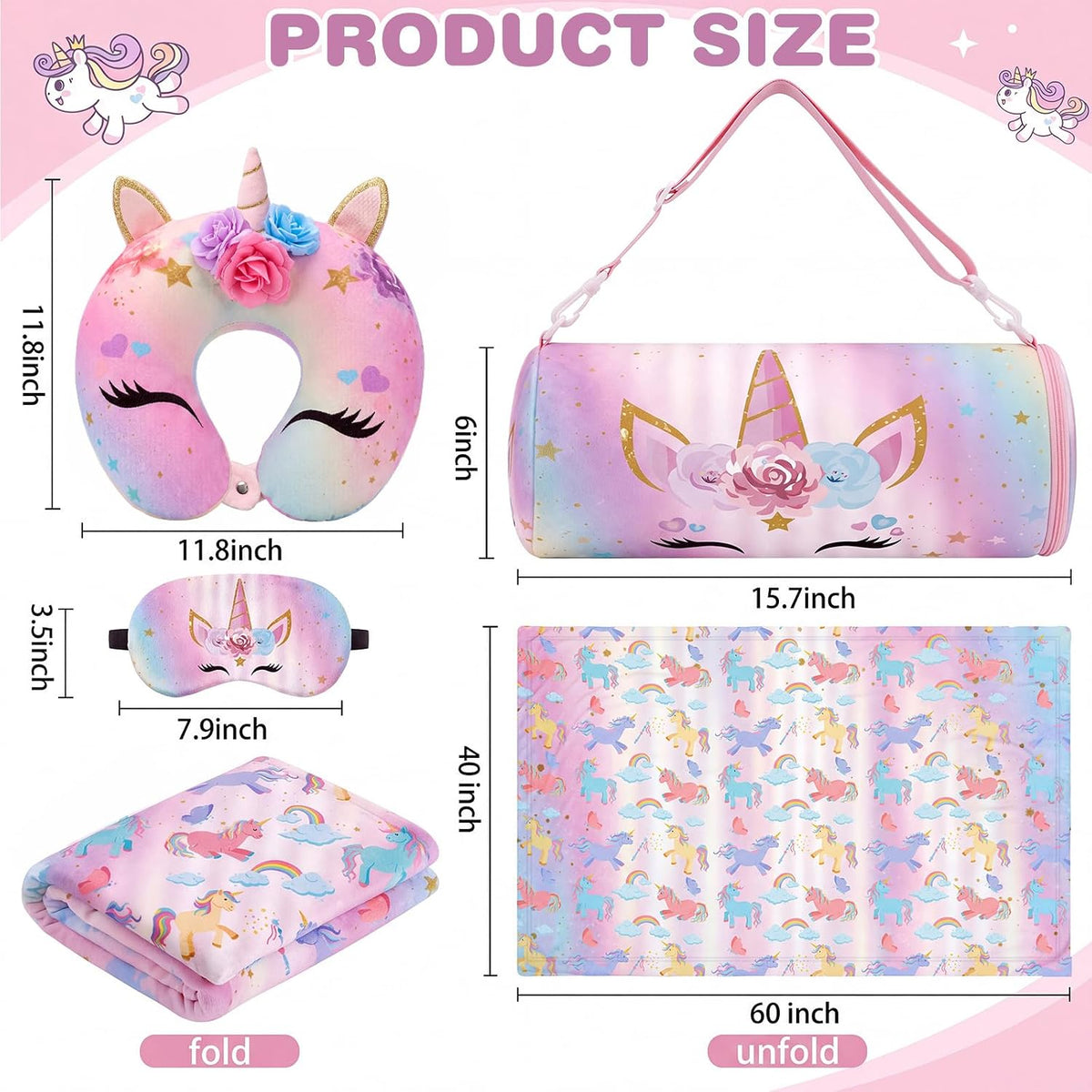 Moukeren 4 Pcs Christmas Unicorn Travel Pillow Blanket Set for Women Girls