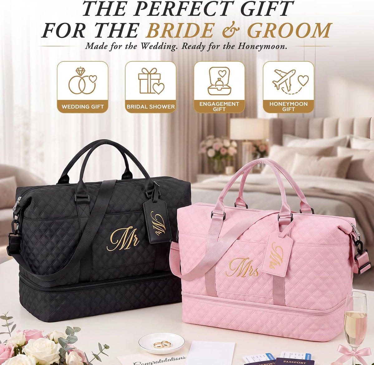 Dansydaisy Mr and Mrs Black,Pink 4 Pcs Honeymoon Duffel Bag Set