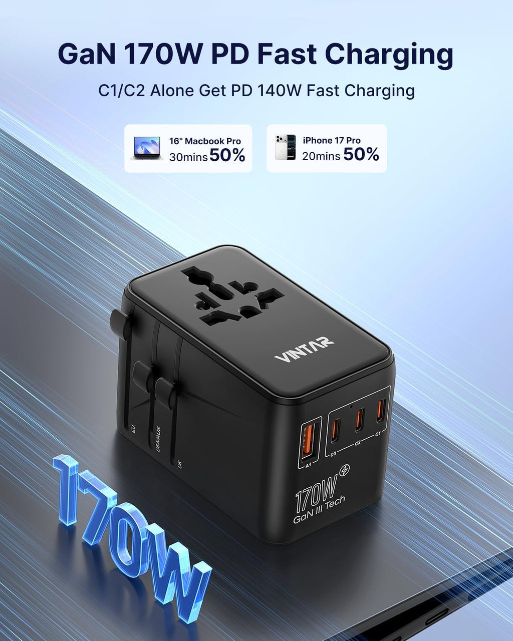 VINTAR 170W GaN Universal Travel Adapter for Europe/UK/US/AU 200+ Countries