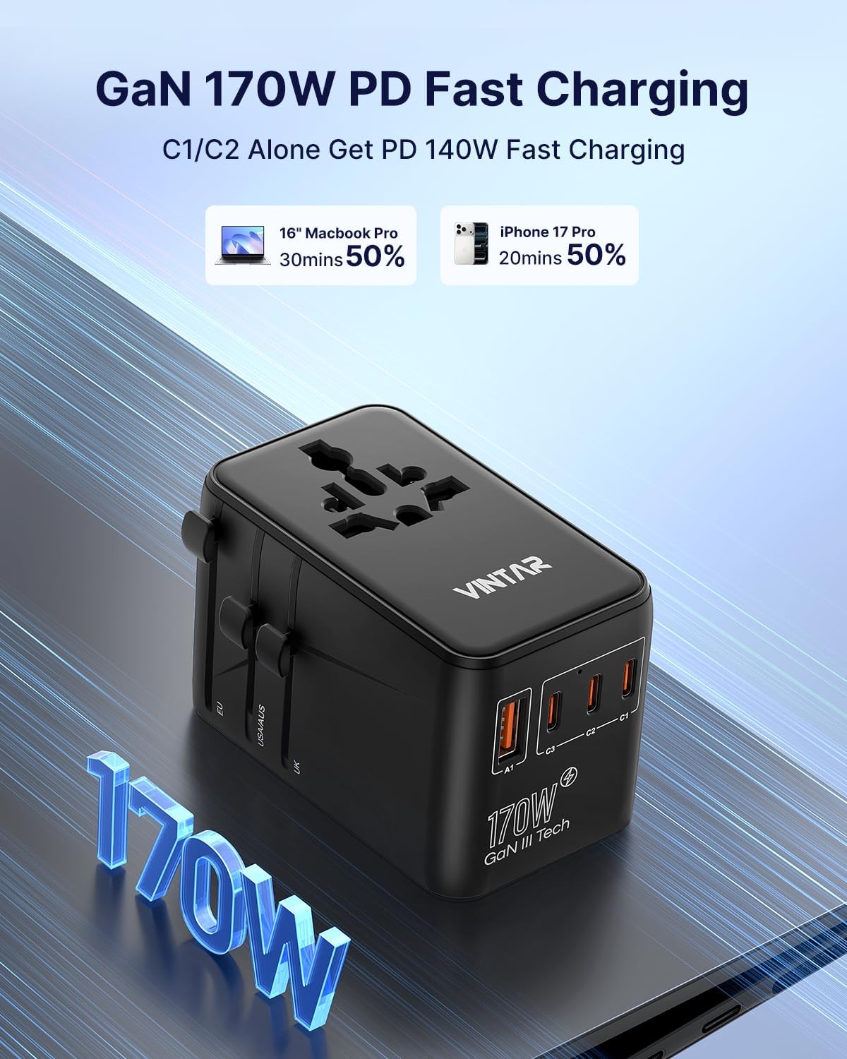 VINTAR 170W GaN Universal Travel Adapter for Europe/UK/US/AU 200+ Countries