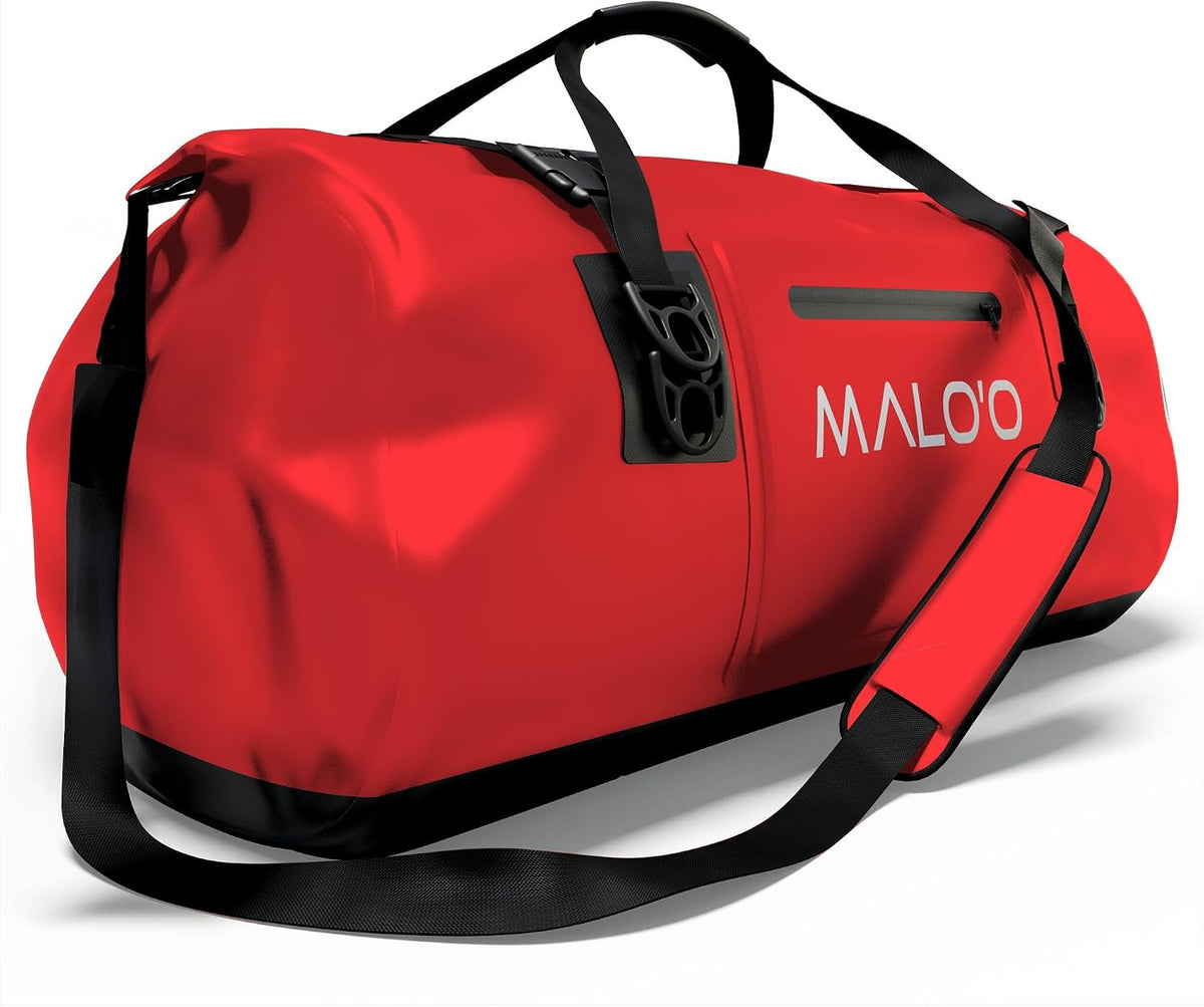 Malo’o Waterproof Dry Duffel, Heavy-Duty Roll Top Waterproof Gear Bag with Shoulder Strap & Molle Loops, Marine Duffel for Kayaking, Boating, Camping, Beach & Travel, Red, 100L