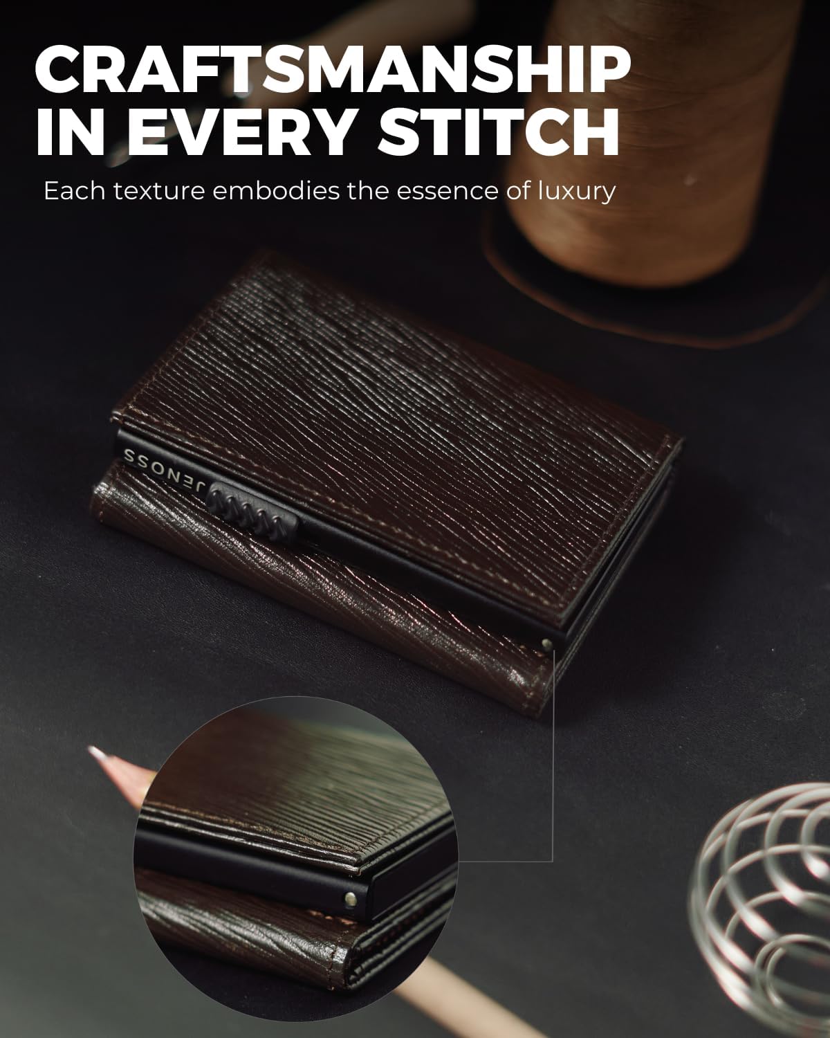 Jenoss Smart Wallet For Men: Full Grain Leather, Handcrafted, Slide Metal Pop Up Case, Slim RFID Blocking Credit Card Holder, Minimalist, Compact - 9-12 Card Organizers | ID | Money Clip (EPI Brown)