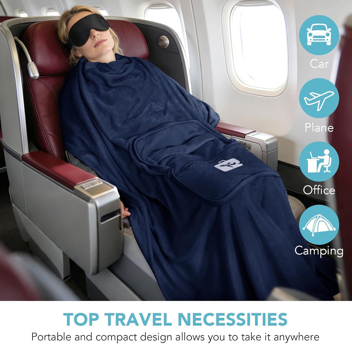SINLAND Travel Pillow and Blanket 2-in-1 Set, Navy Blue, 60x50 Inch